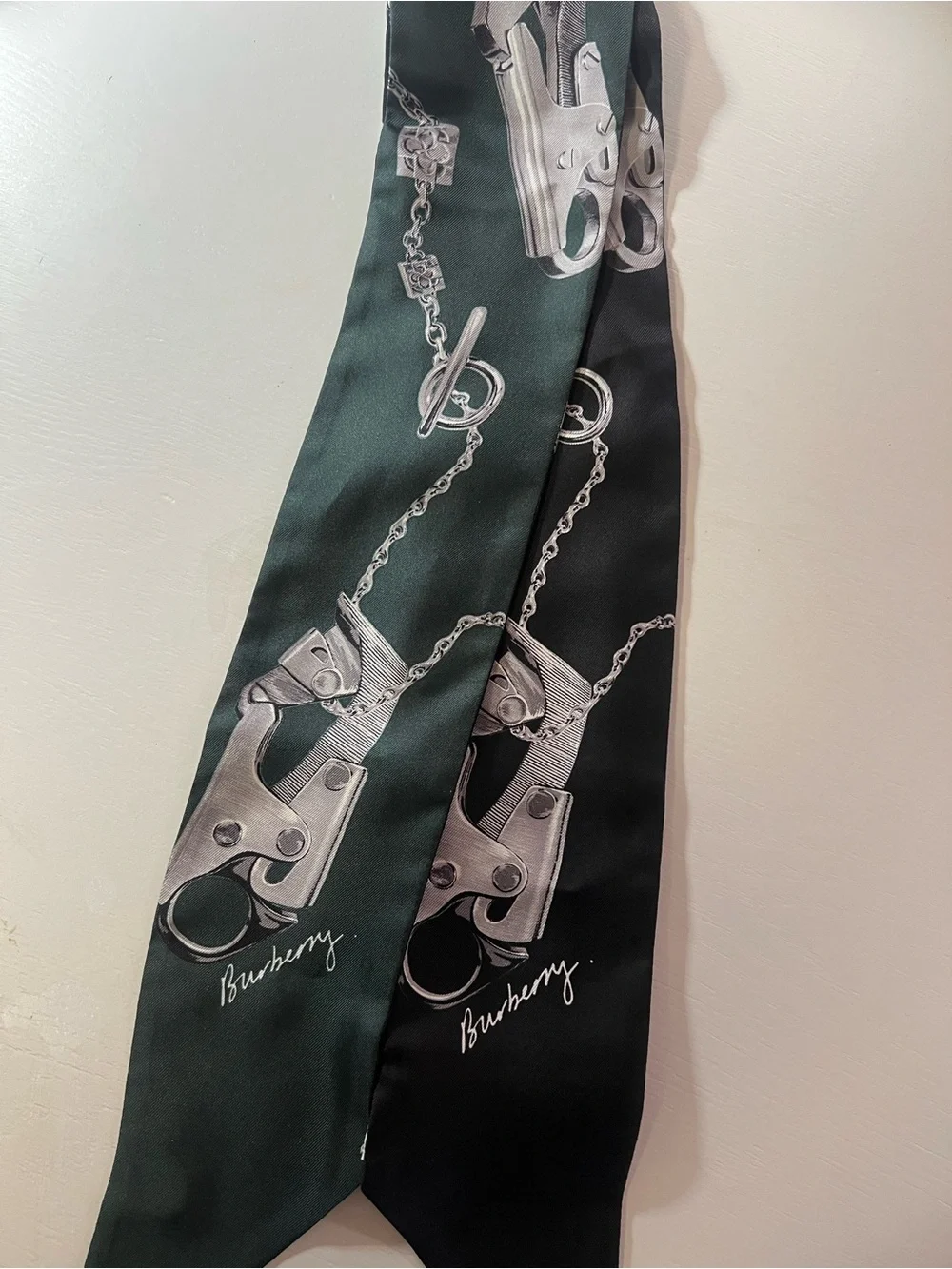 Burberry Black & Dark Green Silk Scarf Twilly with Silver Hardware Motif